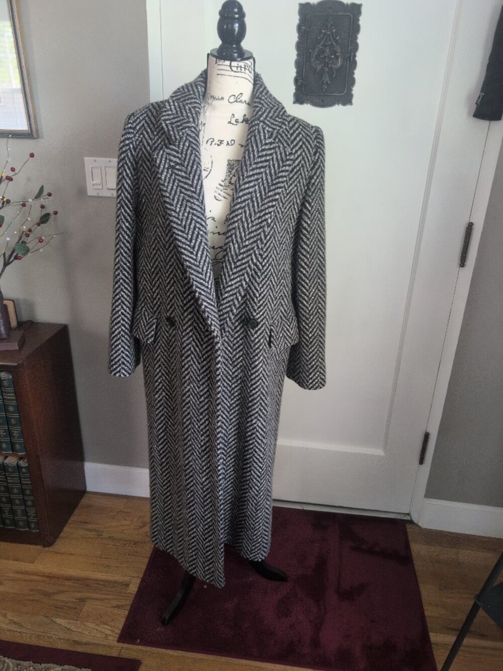 Retro Oversized Double Breasted Chevron Coat 100% Wool Sz 8 - Picture 2 of 13